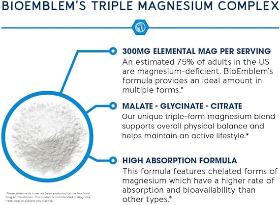 BioEmblem Triple Magnesium Complex – High Absorption Magnesium Glycinate, Malate & Citrate Supplement