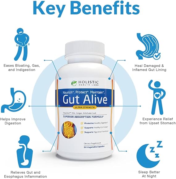 Holistic Health Labs Gut Alive – Natural Digestive Support for IBS, Acid Reflux, Bloating & Gut Health (60 Count)
