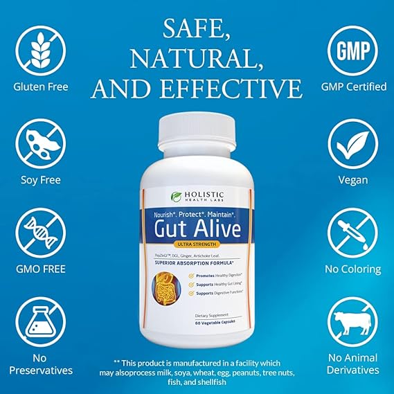 Holistic Health Labs Gut Alive – Natural Digestive Support for IBS, Acid Reflux, Bloating & Gut Health (60 Count)