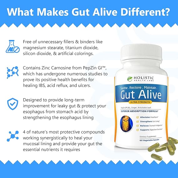 Holistic Health Labs Gut Alive – Natural Digestive Support for IBS, Acid Reflux, Bloating & Gut Health (60 Count)