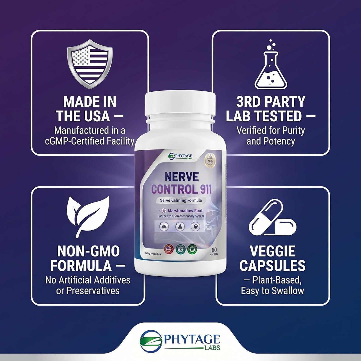 Phytage Labs Nerve Control 911 – Plant-Based Nerve Health Supplement (60 Capsules)