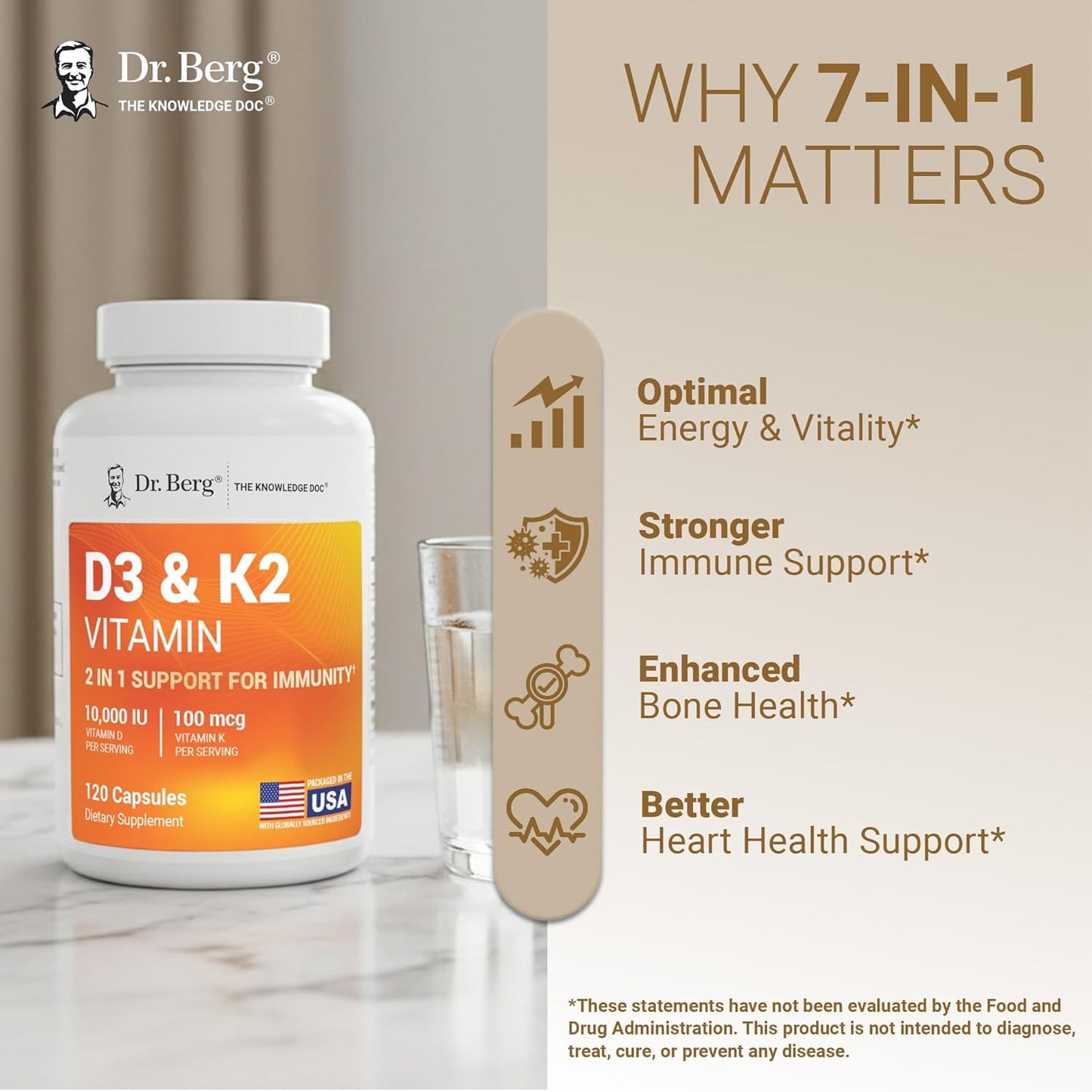 Dr. Berg Maximum Strength 2-in-1 Vitamin D3 K2 (10,000 IU) – High Absorption Formula for Bone, Heart & Immune Support (120 Capsules)