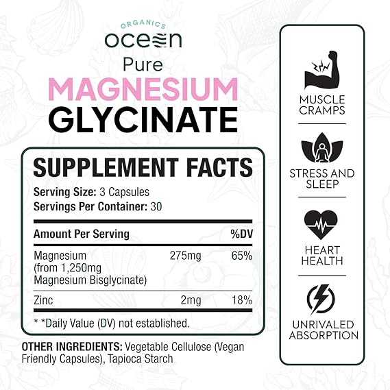 Organics Ocean Pure Magnesium Glycinate with Zinc – Advanced Support for Muscles, Sleep & Overall Wellness