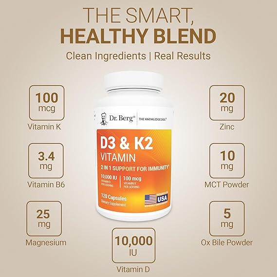 Dr. Berg Maximum Strength 2-in-1 Vitamin D3 K2 (10,000 IU) – High Absorption Formula for Bone, Heart & Immune Support (120 Capsules)