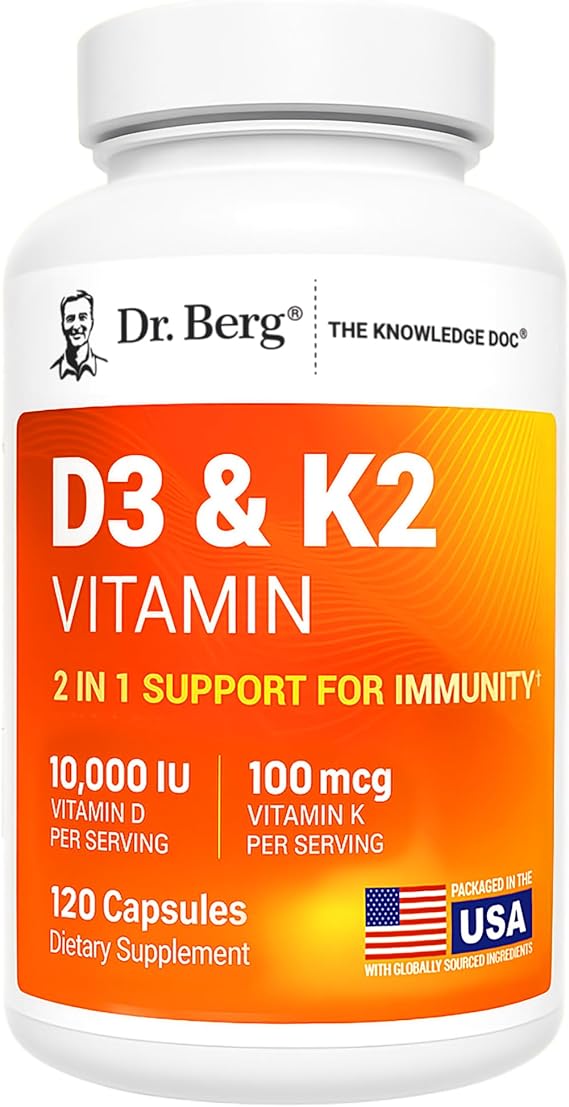 Dr. Berg Maximum Strength 2-in-1 Vitamin D3 K2 (10,000 IU) – High Absorption Formula for Bone, Heart & Immune Support (120 Capsules)