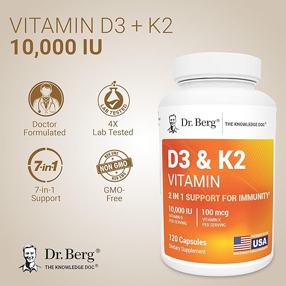 Dr. Berg Maximum Strength 2-in-1 Vitamin D3 K2 (10,000 IU) – High Absorption Formula for Bone, Heart & Immune Support (120 Capsules)
