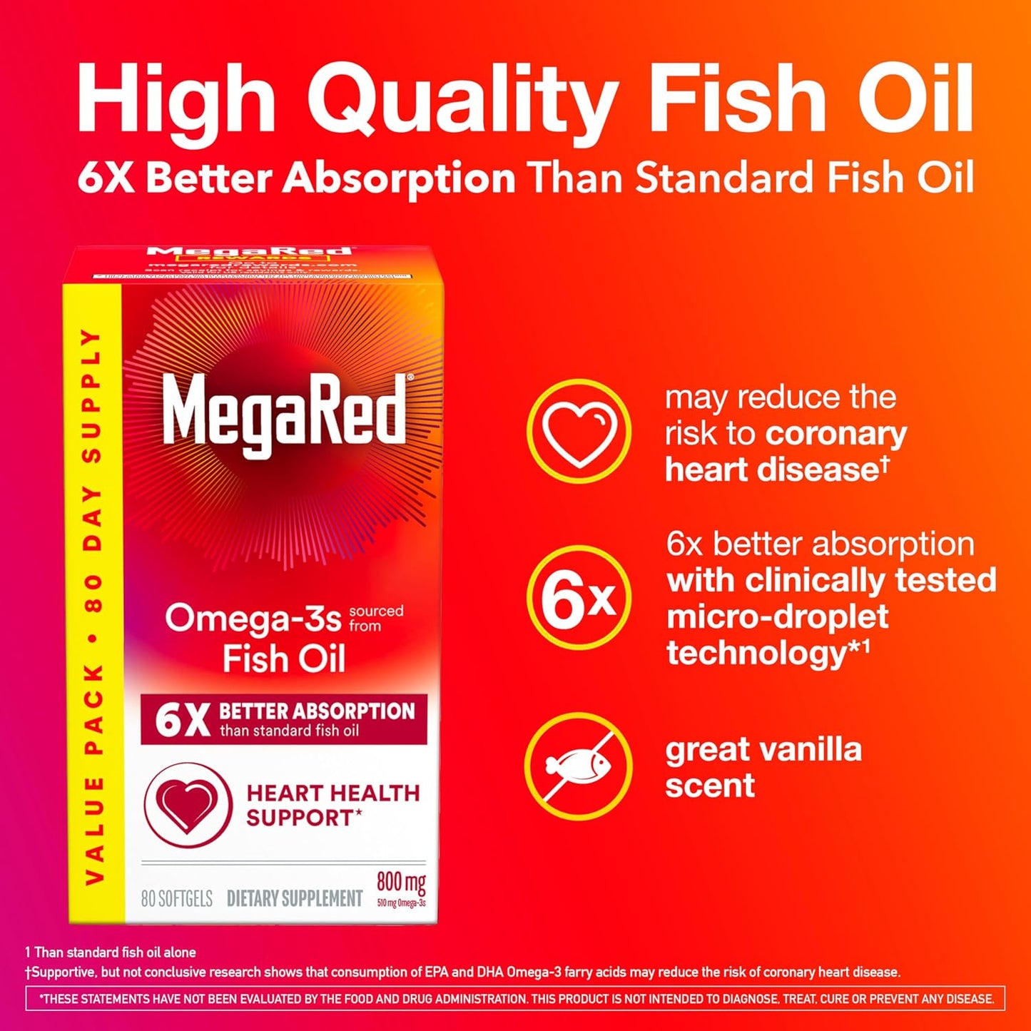 MegaRed Advanced Absorption Omega-3 Fish Oil 500mg 80 Softgels | Heart, Brain, Eye & Joint Support