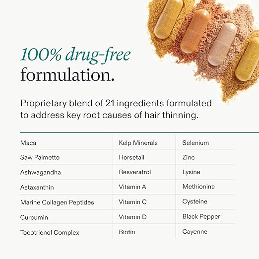 Table of ingredients in a hair care product with text about a drug-free formulation.