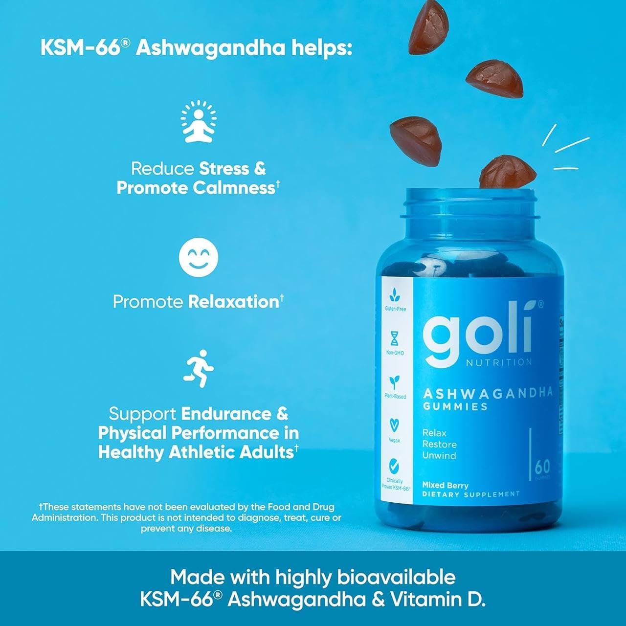 Goli Ashwagandha Vegan Gummies, KSM-66® & Vitamin D – 60 Count