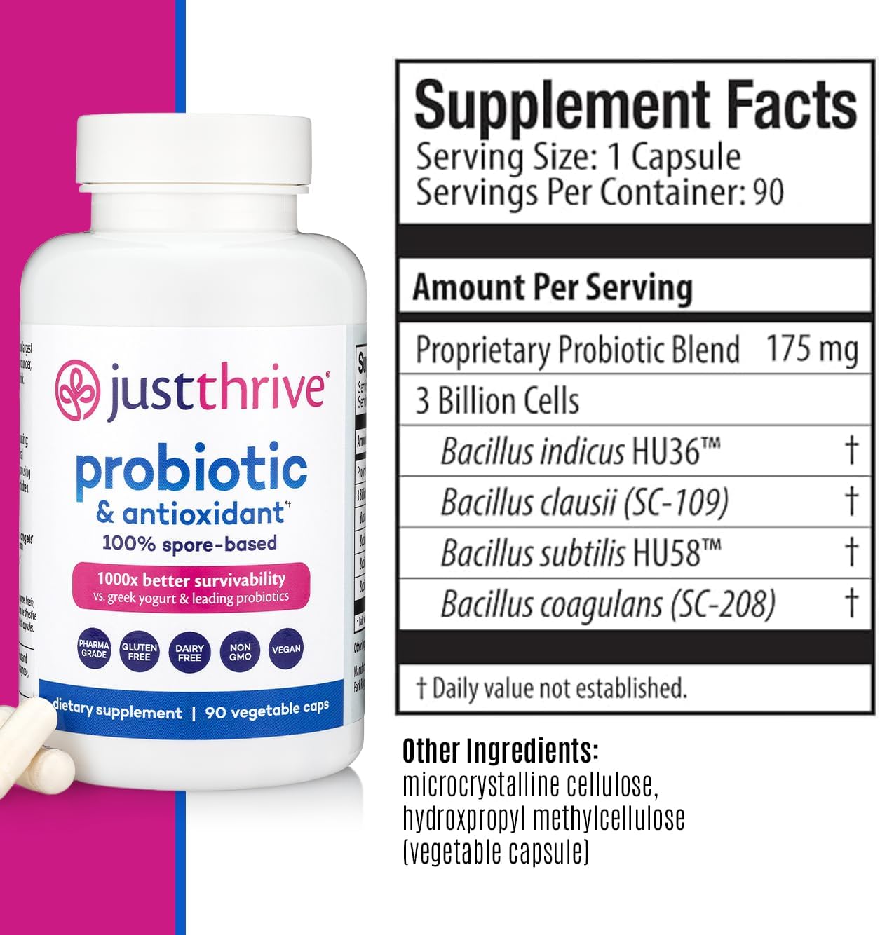 Just Thrive Probiotic & Antioxidant – 100% Spore-Based Digestive Support (90 Capsules)