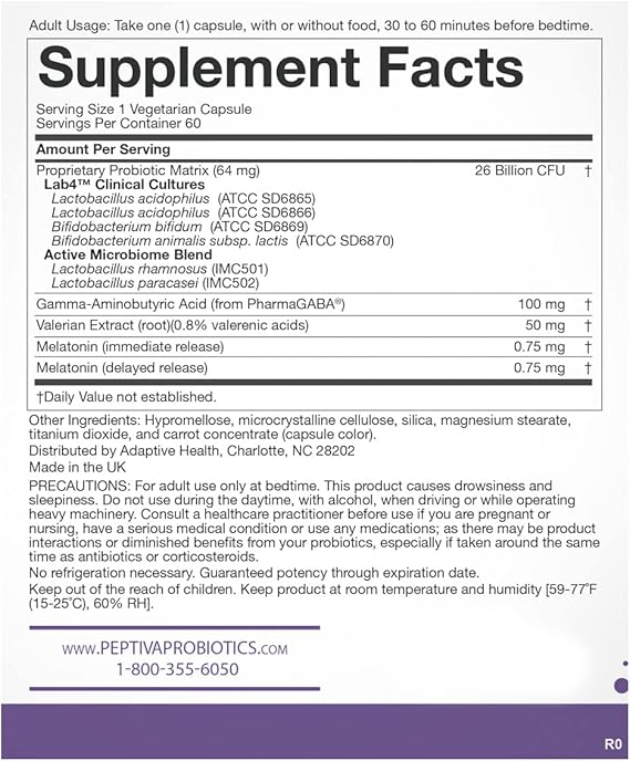 Peptiva 26 Billion CFU Probiotic and Sleep Support Supplement