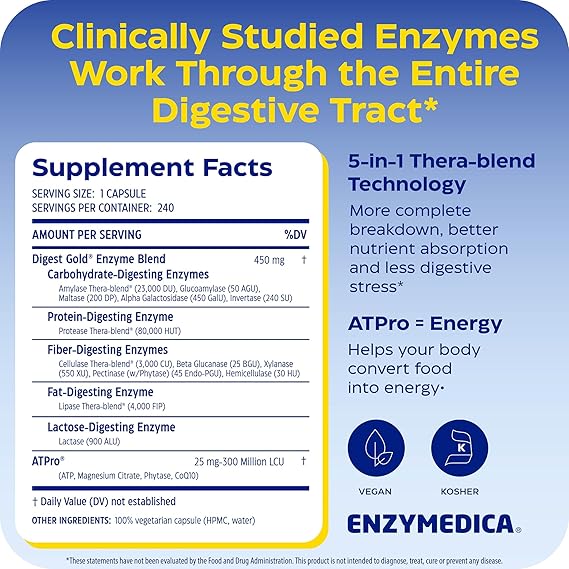 Enzymedica Digest Gold + ATPro – Maximum Strength Digestive Enzyme Formula for Fast Digestion, Bloating &amp; Gas Support (240 Capsules)