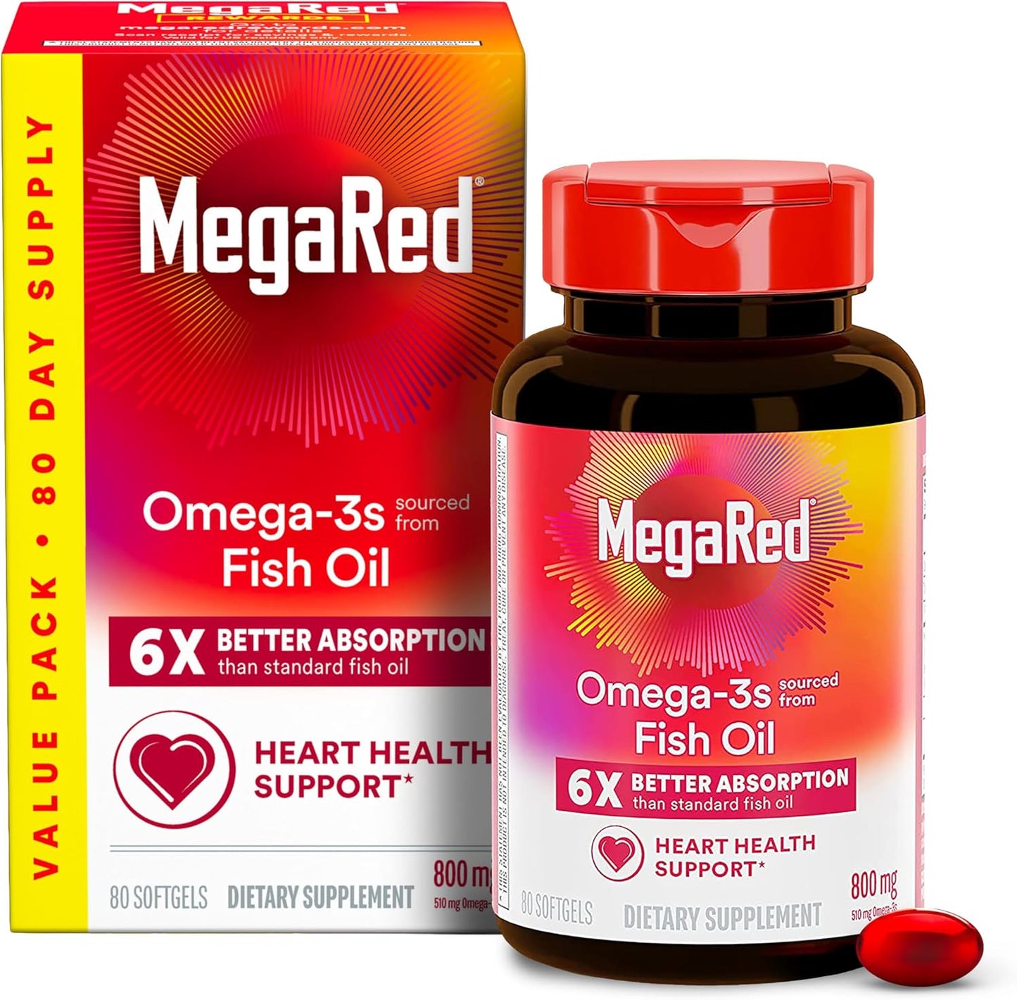 MegaRed Advanced Absorption Omega-3 Fish Oil 500mg 80 Softgels | Heart, Brain, Eye & Joint Support