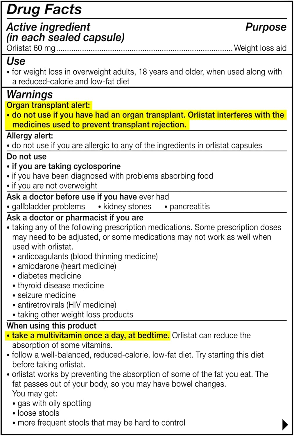 alli Diet Weight Loss Supplement Pills Orlistat 60Mg supplement facts